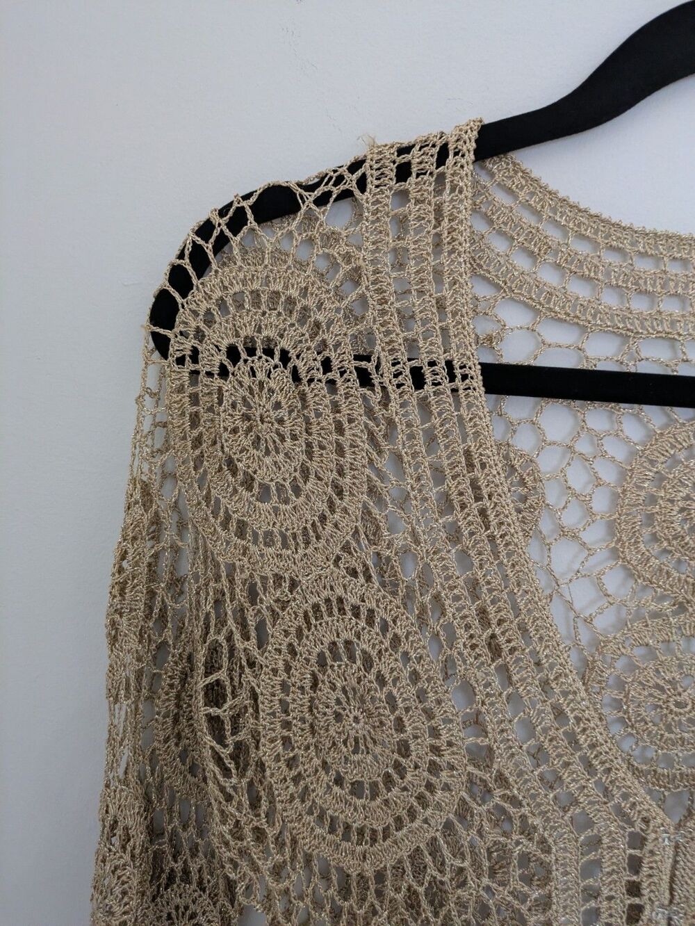 Crochet Bolero SZ M Gold Crop 3/4 Sleeve Festival Boho Fairy Cottage Coachella - Picture 2 of 13